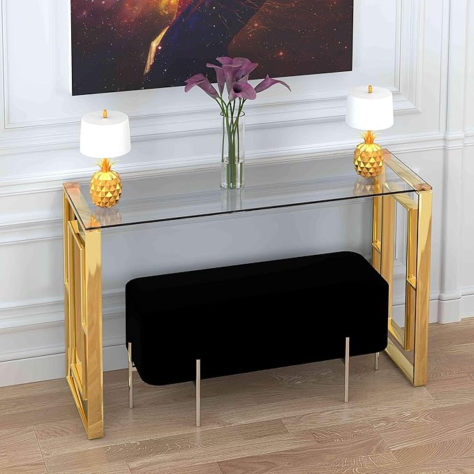 Cortesi Home Laila Console Table Stainless Steel Glass, 15.75" D x 47" W x 30.5" H, Gold,Clear