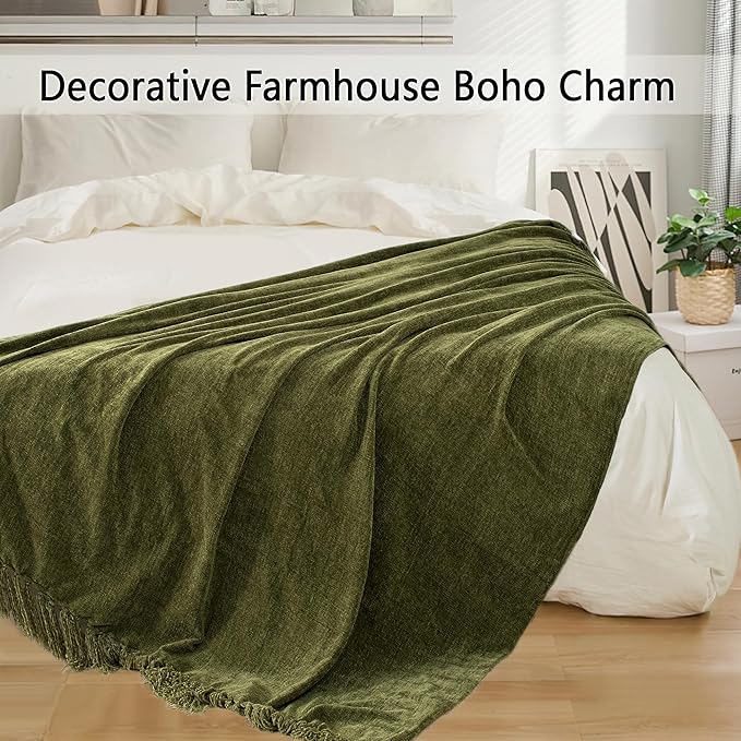Chenille Throw Blanket for Couch 50"X 60", Soft Cozy Throws with Fringe Tassel for Bed Sofa Chair Cover, Lightweight Knitted Decorative Boho Blankets for Living Room, Olive Green