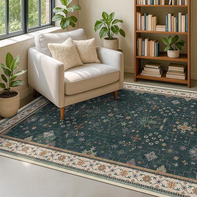 Dark Green Oushak 5x8 Living Room Rug - Modern Vintage Boho Eclectic Floral Pastel, Washable Low Pile Non-Slip Large Area Rugs for Nursery Dining Under Table Bedroom Lounge