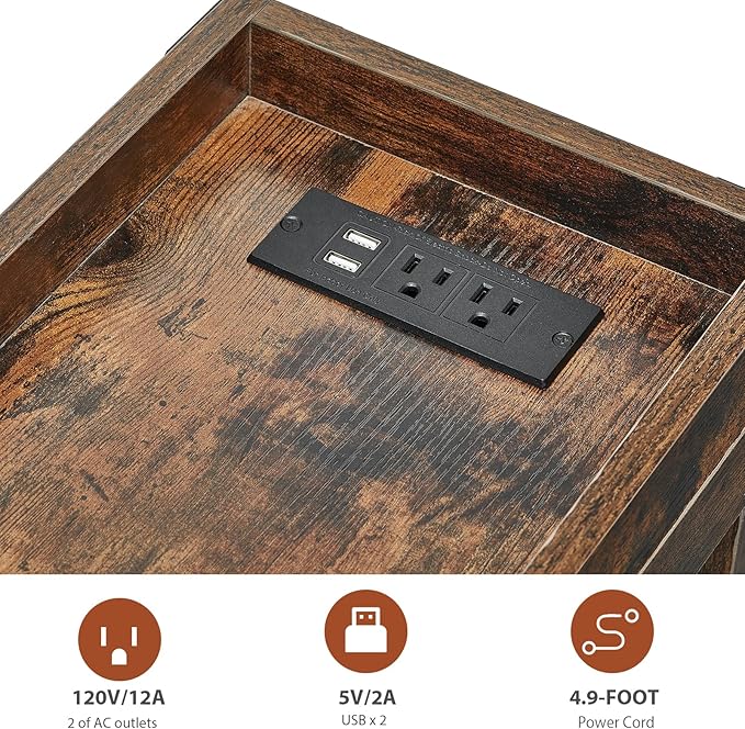 Narrow Side Table, Slim End Table with Charging Station for Small Spaces, with 2 USB and 2 Power Outlets, 21.7" L x 10" W x 21.7" H