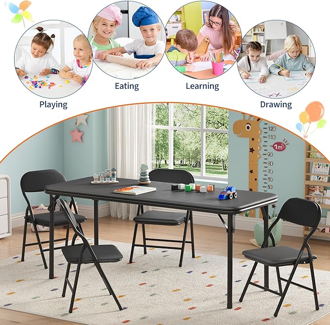 IDEALHOUSE 5 Piece Boys Girls Folding Table and Chairs Set, Activity Table and Chairs Set for Dining Room,Daycare,Classrooms