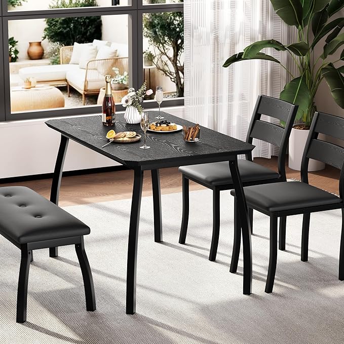 GAOMON Dining Table Set for 4, Wooden Kitchen Table with Upholstered Bench & 2 Cushion Chairs, Space-Saving Dinette Set for Studio, Kitchen, Dining Room, Apartment(43''x28''x30''), Black
