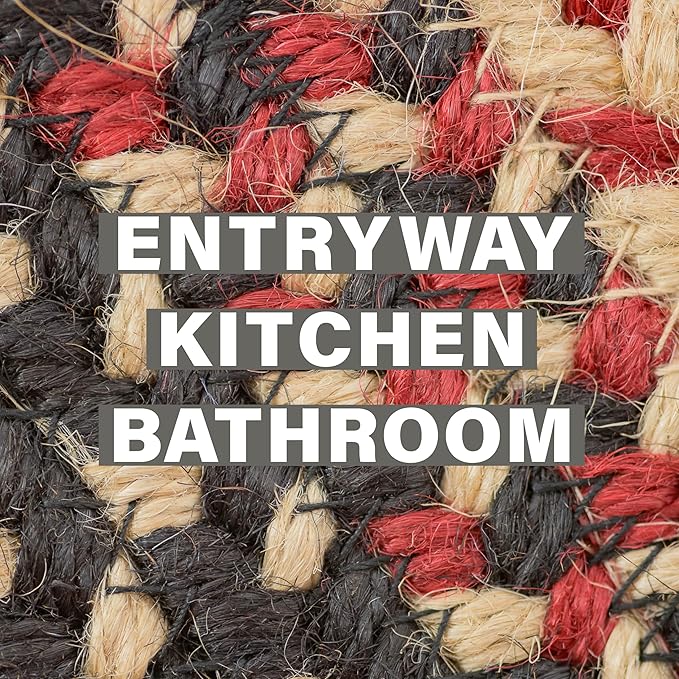 Homespice Gloucester Jute Braided Rug 20x30in Rect Black-Tan-Red Natural Jute Rug. Uses- Indoor Entryway, Kitchen Rug, Bedroom Doorway Reversible, Rustic, Country, Primitive, Farmhouse Decor