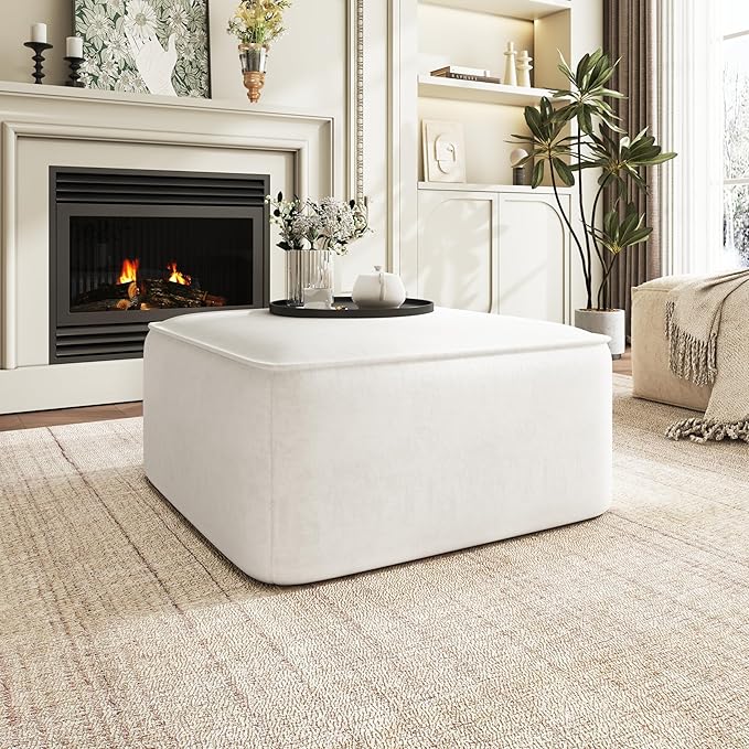 Christopher Knight Home Isa Velvet Ottoman Footstool, Square Pouf Poufee Footrest Ottoman Large Seat, Modern Side Table for Living Room Bedroom Home Decor, Cream, 30"