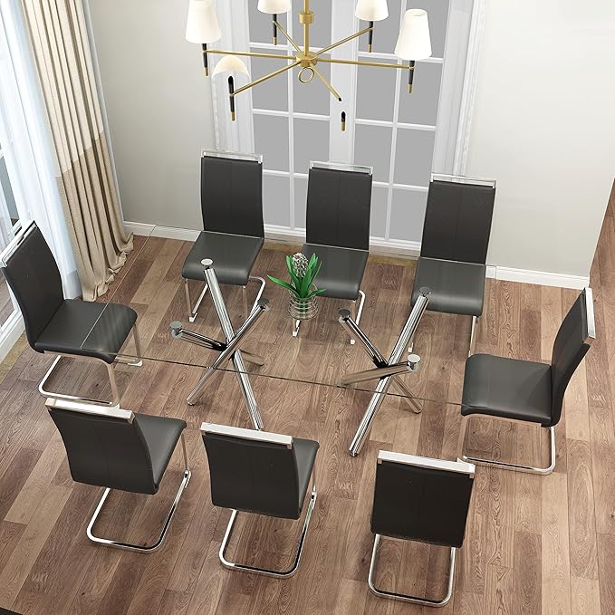 Dining Chairs Set, Kitchen Modern Metal Chairs with Faux Leather Padded Seat High Back and Sturdy Chrome Legs, Chairs for Dining Room (Grey, Set of 8)