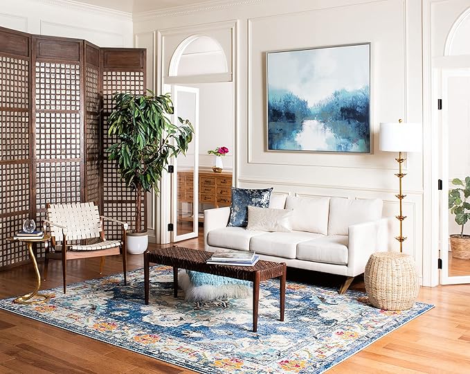 SAFAVIEH Monaco Collection Area Rug - 9' x 12', Navy & Light Blue, Boho Chic Medallion Distressed Design, Non-Shedding & Easy Care, Ideal for High Traffic Areas in Living Room, Bedroom (MNC243N)