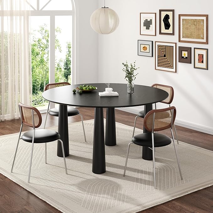 Casaphoria 59" Round Dining Table, Kitchen Table for 6 with Arc-Shaped Edge Top and Cylindrical Legs, Easy Assembly for Living Room, Dining Room, Black