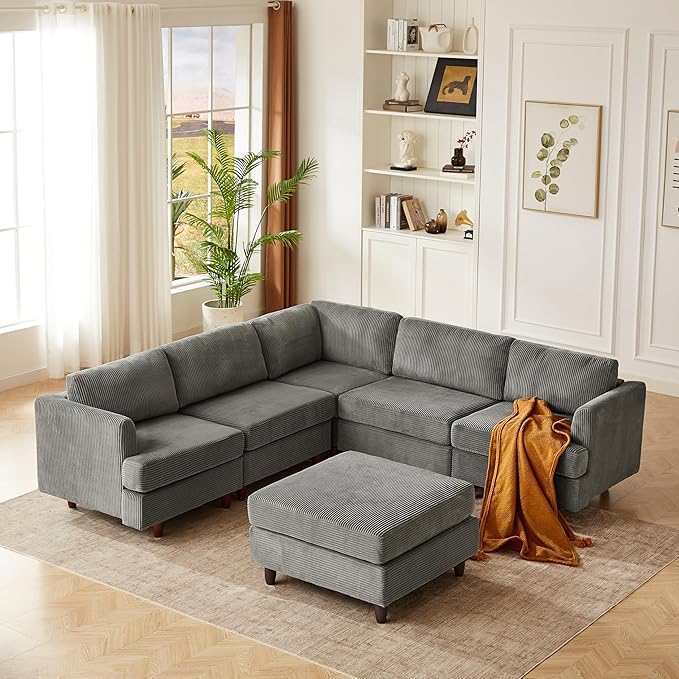 127.5" L/U-Shaped Sectional Couch with Movable Ottoman & 6 Removable Back Cushion, Corduroy Fabric Upholstered 6 Seat Modular Sleeper Sofa,DIY Free Combination Couches for Living Room,Grey