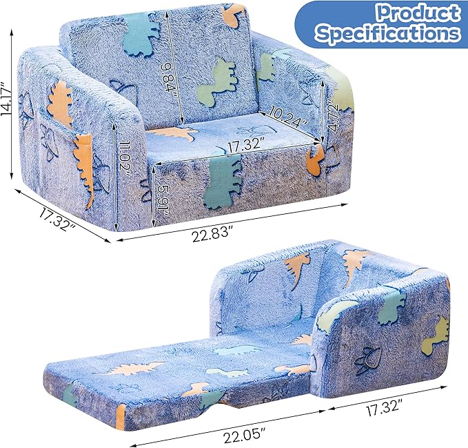 Lamerge 2-in-1 Soft Toddler Couch Fold Out,Foldable Toddler Chair, Glow in The Dark Kids Sofa for playroom,Convertible Foam and Floor Cushion for Boys and Girls (Blue and Dinosaur)