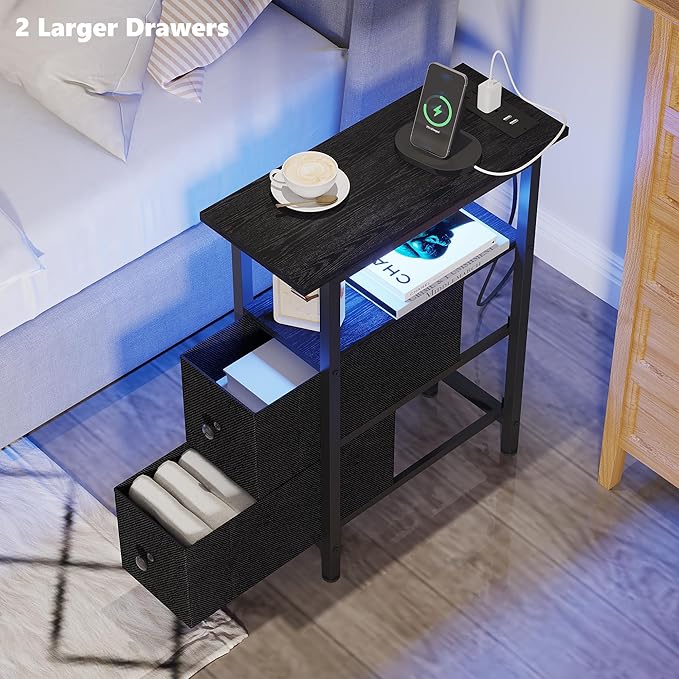 End Table Set 2 with Charging Station, Narrow Side Table with 2 Fabric Drawers, Skinny Nightstand with LED Light, Slim Bedside Table for Bedroom, Living Room, Small Spaces, Black