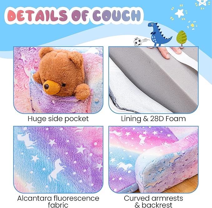 Lamerge 2-in-1 Toddler Couch,Glow in The Dark Baby Floor Bed,Foldable Toddler Chair Kids Sofa for playroom,Convertible Sofa to Lounger for Girls and Boys (Rainbow and Unicorn)