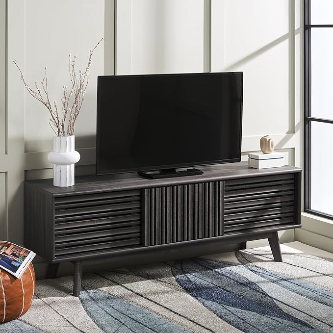 SAFAVIEH ESMA TV Stand for up to 65" Flatscreen – Distressed Black, Sliding Doors with Interior Storage, Entertainment Media Console (MED9640E)