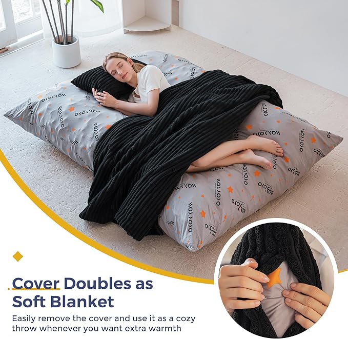 MAXYOYO Giant Bean Bag Chair with Pillow, 3 in 1 Convertible Bean Bag Chair for Adults with Washable Cover, Removable Floor Cushion Stuffed Floor Lounger for Living Room Bedroom, Black, Queen