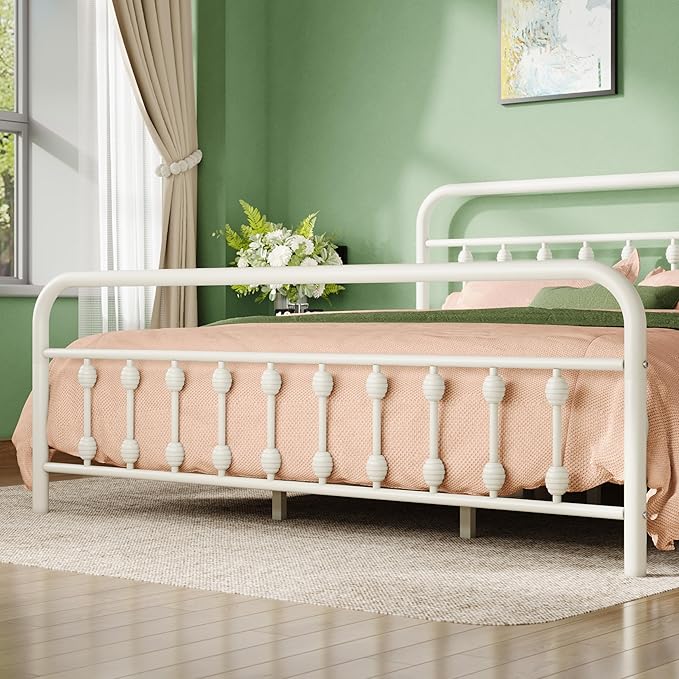 Allewie 14 Inches King Size Metal Platform Bed Frame with Victorian Style Iron-Art Headboard/Footboard, Mattress Foundation, Easy Assembly, Under Bed Storage, No Box Spring Required, White
