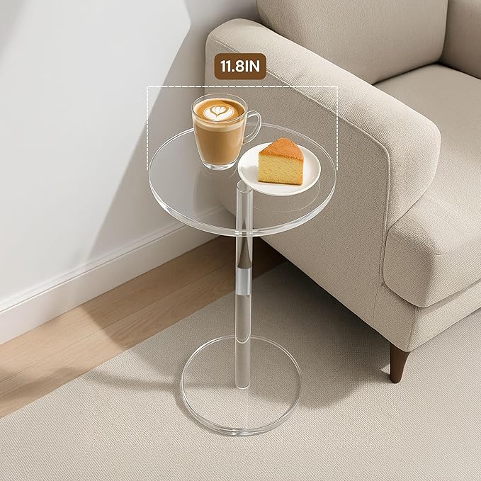 Acrylic Side Table, Round Drink Table for Small Spaces – Modern Clear End Table for Bedroom, Living Room, Office, Outdoor, Bathroom | Minimalist Design, Easy Assembly 11.8" W x 21" H