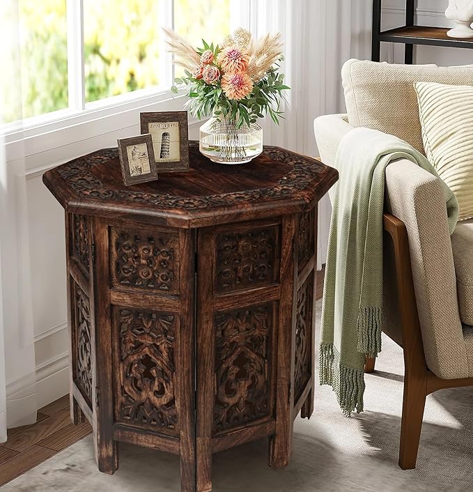 The Wooden Town End Tables for Living Room– Hand Carved Vintage Boho Folding Side Tables for Small Spaces, Entryway, Living Room, Bedroom – No Tools Assembly, 18"x18" Octagon, Scorch Burnt Finish