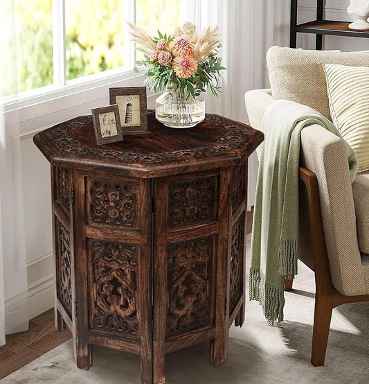 The Wooden Town End Tables for Living Room– Hand Carved Vintage Boho Folding Side Tables for Small Spaces, Entryway, Living Room, Bedroom – No Tools Assembly, 18"x18" Octagon, Scorch Burnt Finish