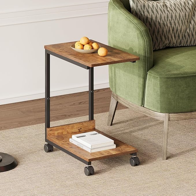 Side Table,C Table with 2-Tier Storage Shelf, End Table TV Tray with Metal Frame, Sofa Table with Wheels for Living Room, Bedroom, Office, Bathroom, Easy Assembly, Brown
