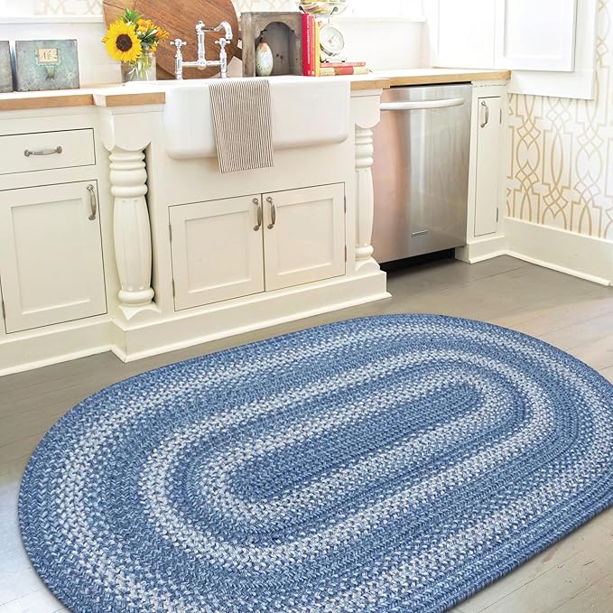 Homespice 27x45” Blue Oval Braided Rug. Denim Blue and White Jute Oval Rug. Uses- Entryway, Kitchen Rugs, Bathroom Rugs. Reversible, Rustic, Country, Primitive, Farmhouse Decor Rug