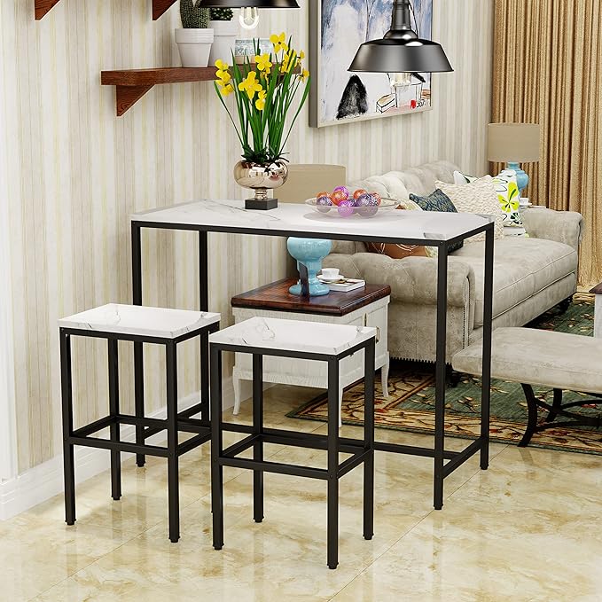 Aklaus Bar Table Set,44" White Faux Marble Top Bar Table and Chairs Set,Counter Height Bar Table with 2 Bar Stools,3 Piece Kitchen Breakfast Table for Living Room Dining Room Apartment
