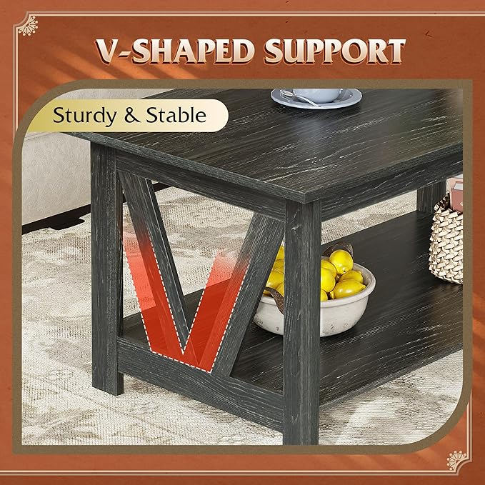 WLIVE Coffee Table with Storage Shelf, 39.4" Farmhouse Coffee Table with V-Frame Support, 2-Tier Wood Rustic Center Table for Living Room, Bedroom & Balcony, Charcoal Black