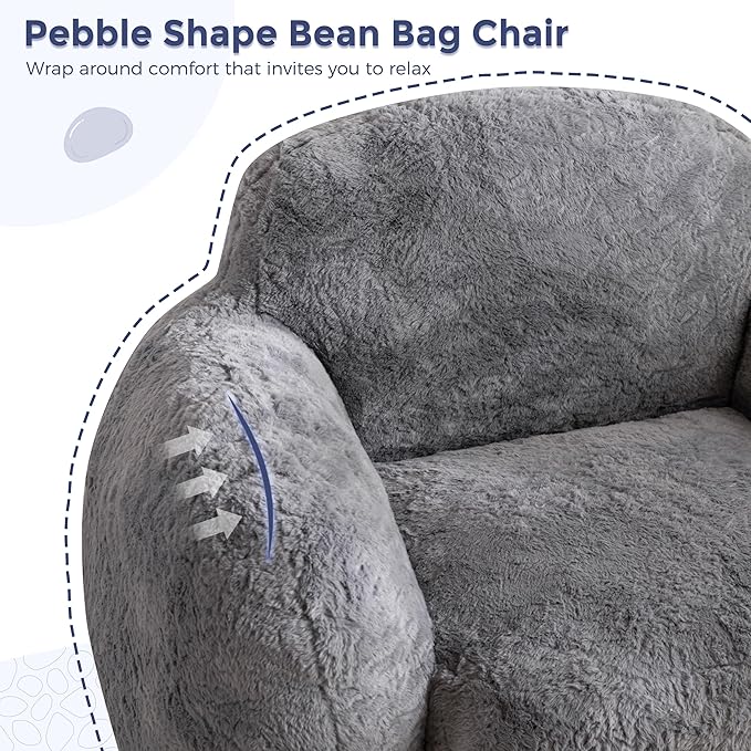 MAXYOYO Bean Bag Chair, Comfy Pebble Shaped Single Bean Bag Sofa for Adults, Stuffed Floor Sofa with Supportive Backrest & Armrests, Modern Faux Fur Accent Chair for Living Room & Bedroom, Grey