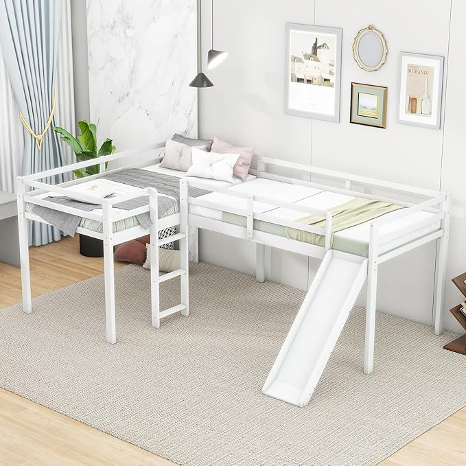 L-Shaped Twin Size Loft Bed with Ladder and Slide,Solid Wood Structure Bed Frame,w/Safety Guardrail & Slat Supports,Space Saving,Easy to Assemble,for Kids,Teens,Girls & Boys,White