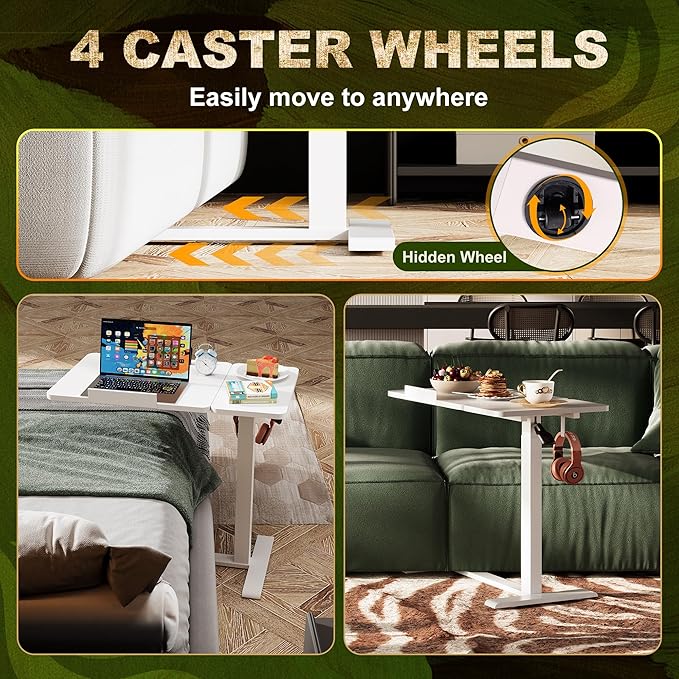 Standing Desk, Medical Overbed Table with Rolling Tray, Dual Pneumatic Angle and Height Adjustable Desk, Portable Side Table with Hidden Wheels, Home & Hospital Use, White