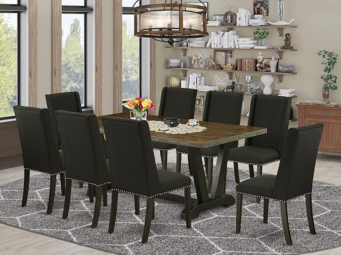 East West Furniture V677FL624-9 9 Piece Kitchen Table Set Includes a Rectangle Dining Table with V-Legs and 8 Black Linen Fabric Parsons Dining Chairs, 40x72 Inch, Multi-Color