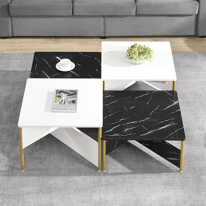 Christopher Knight Home Lana Wooden Nesting Coffee Table Set of 4, Mid Century Modern Square Living Room Table, Free Adjustable Shape Table, Versatile and Stylish Living Room Furniture, White + Black