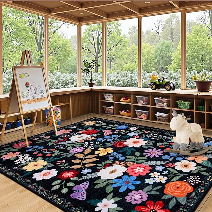 Area Rug Living Room Rugs: Floral 4x6 Washable Rug Vintage Soft Boho Non-Slip Carpet Indoor Floor Stain Resistant Large Carpets for Bedroom Dining Room Farmhouse Nursery Hallway Home Office Black