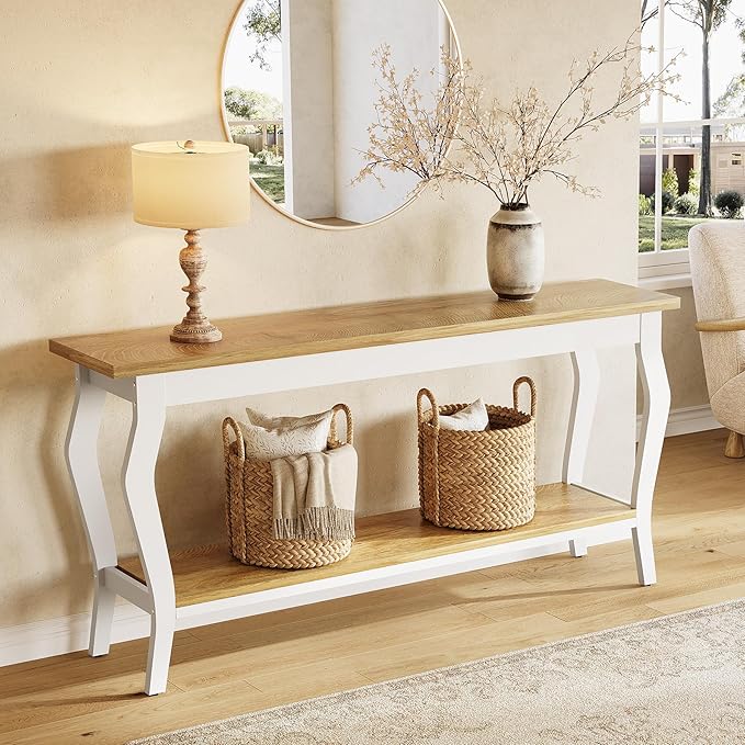 LITTLE TREE 70.9 Inches Long Console Table, 2-Tier Vintage Wooden Sofa Table Behind The Couch with Metal Legs for Hallway, Entryway, Living Room, White & Light Oak