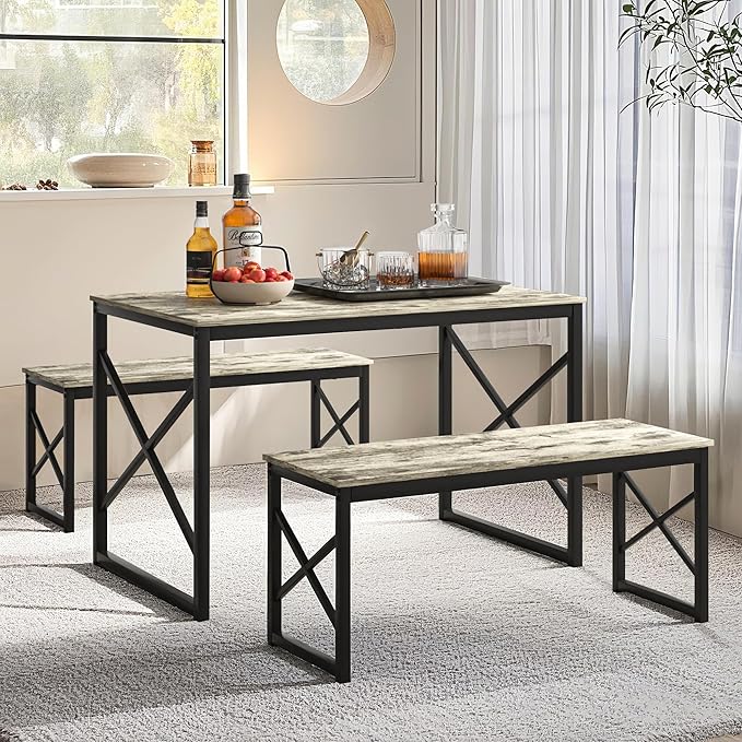 VECELO Kitchen Dining Table Set for 4, 43.3" Wood Rectangle Dinette with 2 Benches, Heavy-Duty Metal Frame for Small Space, Breakfast Nook, Grey