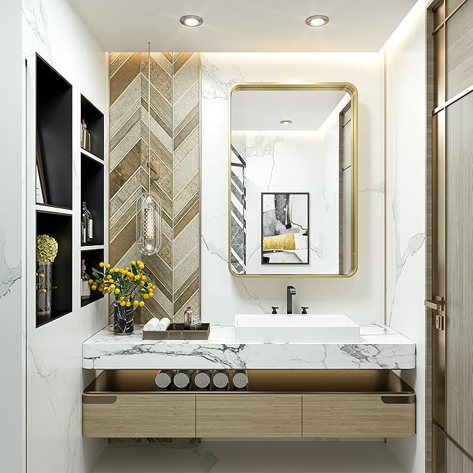 TokeShimi Gold Bathroom Mirror for Wall 24 x 36 Inch Metal Rounded Corner Rectangle Mirror Wall Mirror Metal Frame Deep Set Design Hangs Horizontal Or Vertical Rustic Mirror