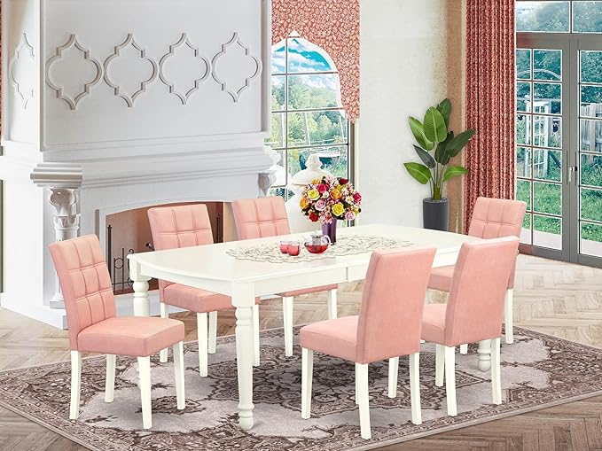 East West Furniture DOAS7-LWH-42 7 Piece Dinette Table Set Consists A Dinner Table and 6 Beige Red Polyester Fabric Parson Dining Chairs with Stylish Back- Linen White Finish