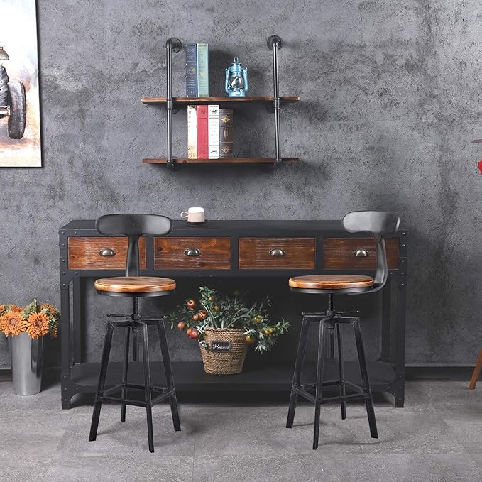 Diwhy Industrial Bar Stools,Kitchen Dining Chair,Wood Top Stool,Adjustable Height Swivel Counter Height Bar Chair with Metal Backrest,Black,Fully Welded Set of 2 (Brown Wooden Top with Iron Backrest)