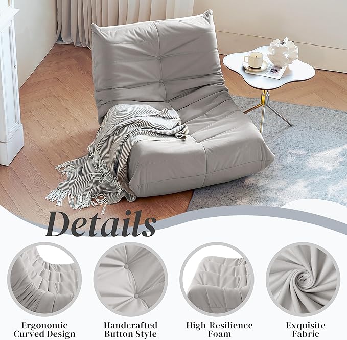Bean Bag Chair, Fireside Chair Bean Bag Sofa for Adults, Bean Bag Chairs for Teens with High-Resilience Foam, Memory Foam & Non-Slip Base Bean Bag for Living Room, Bedroom, Office (Suede, Light Gray)