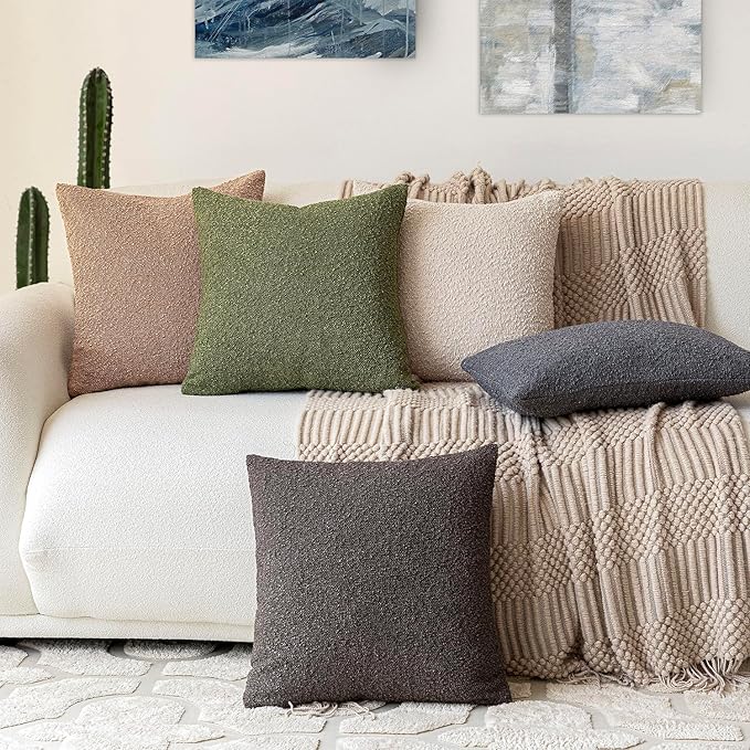 Foindtower Set of 2, Decorative Textured Boucle Throw Pillow Covers Accent Solid Pillow Cases Neutral Soft Cozy Couch Cushion Case for Chair Sofa Bedroom Living Room Home Decor 16 x 16 Inch Green