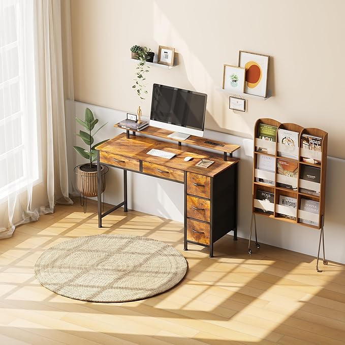 Computer Desk with 5 Drawers, Gaming Desk with LED Lights Power Outlets and Type-C, 39 Inch Office Desk with Storage, Monitor Stand, Writing Desk Work Table for Home Office, Small Spaces, Rustic Brown