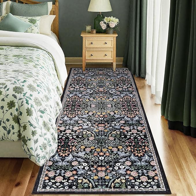 Runner Rug for Entryway: 2x6 Kitchen Rugs Non Slip Washable Ultra-Thin Soft Floral Carpet Indoor Stain Resistant Carpets for Hallway Bedroom Kitchen Laundry Bathroom Dorm Dark Black