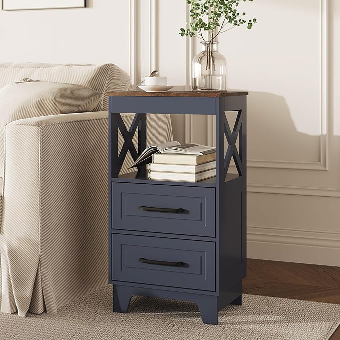 Tall Nightstand Set of 2 Side Table with 2 Drawers Modern Night Stand Wooden Rustic End Table Bedside Table with Upper Open Shelf Solid Feet for Bedroom, Living Room, Navy Blue+Walnut