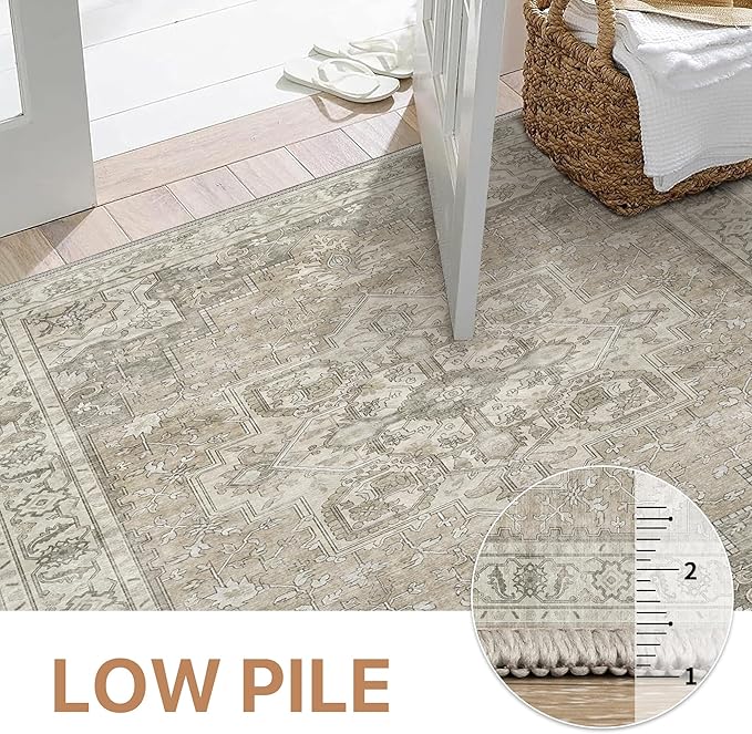 GENIMO 10x14 Area Rugs for Living Room, Machine Washable Non Slip Vintage Rugs, Low Pile Lightweight Chenille Print Rug for Bedroom, Dining Room, Home Office, Trench