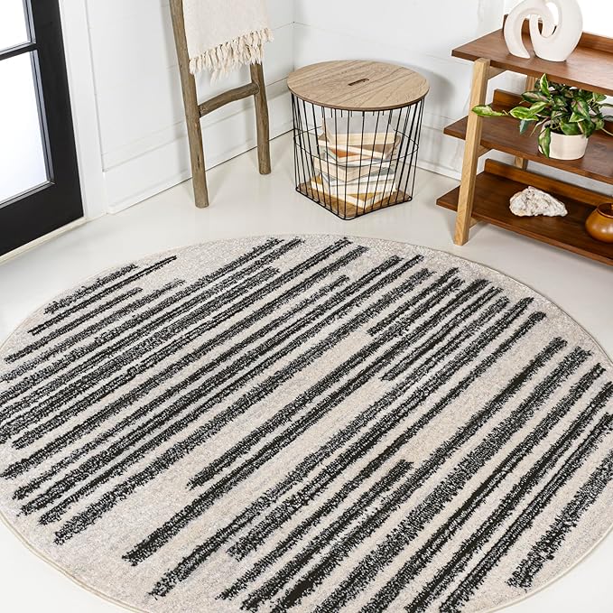 JONATHAN Y Khalil Modern Berber Stripe Cream/Black 3' Round Indoor Area Rug, Contemporary, Bohemian, Easy-Cleaning for Living Room, Bedroom, Kitchen, Pet Friendly, Non-Shedding (MOH207A-3R)