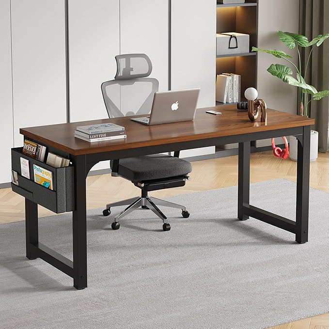 Large Computer Desk - 63 Inch Home Office Desks Study Student Writing Table Gaming Desk Wood Modern Simple Table with Storage Bag & Headphone Hooks, Brown