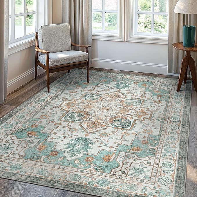 GENIMO 9x12 Area Rugs for Living Room, Machine Washable Non Slip Vintage Rugs, Low Pile Lightweight Chenille Print Rug for Bedroom, Dining Room, Home Office, Cyan