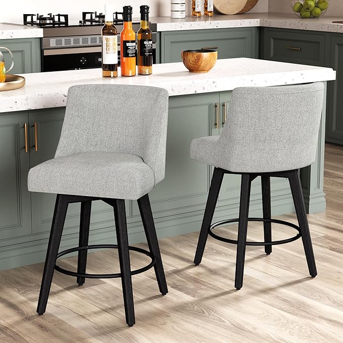 Counter Height Bar Stools Set of 8, Modern Swivel Barstools with Back and Wood Legs, Linen Fabric Upholstered Bar Chairs, 26" H Kitchen Counter Stools, Kitchen Island Home Bar, Light Grey
