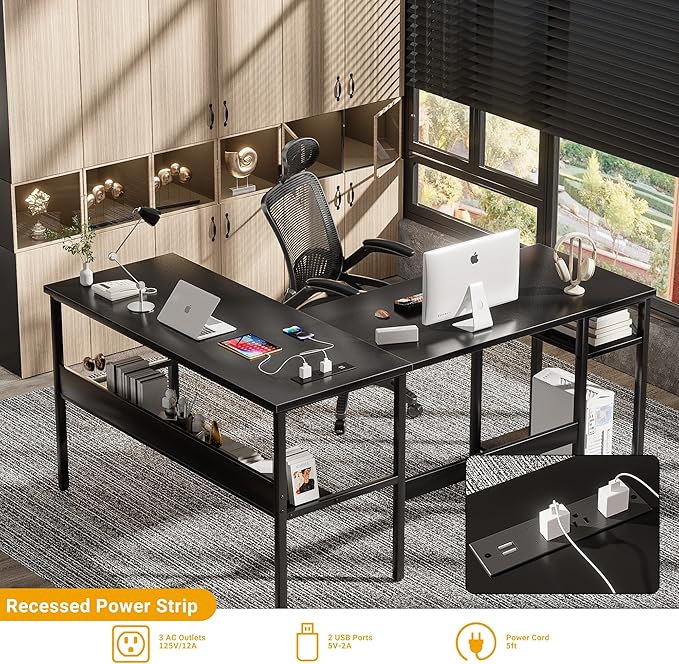 Unikito Reversible L Shaped Desk with Magic Power Outlets and USB Charging Ports, Sturdy Corner Computer Desk with Storage Shelves, Gaming Table Home Office Desk, Easy to Assemble, Black