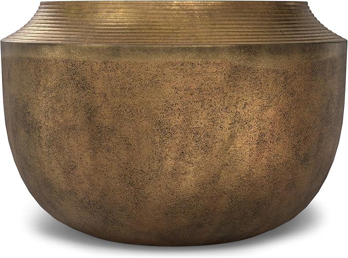 SIMPLIHOME Timmons Coffee Table - 21 inch Wide Cast Aluminum Round Living Room Table in Antique Brass, Industrial Center Table for Compact Spaces with Sculptural Base and Raised Tabletop, Assembled