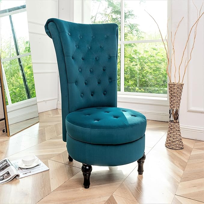 Container Furniture Royal High-Back Velvet Accent Chair for Vanity with Storage and Luxurious Upholstery, Retro Design and Versatile Usage for Livingroom, Bedroom, Lounge and Office, Greenish Blue