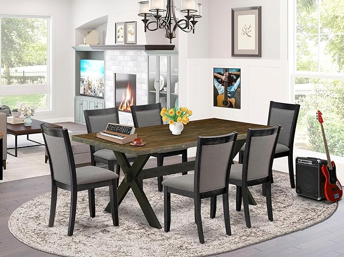 East West Furniture X677MZ650-7 7 Piece Kitchen Table & Chairs Set Consist of a Rectangle Dining Table with X-Legs and 6 Dark Gotham Grey Linen Fabric Parson Chairs, 40x72 Inch, Multi-Color